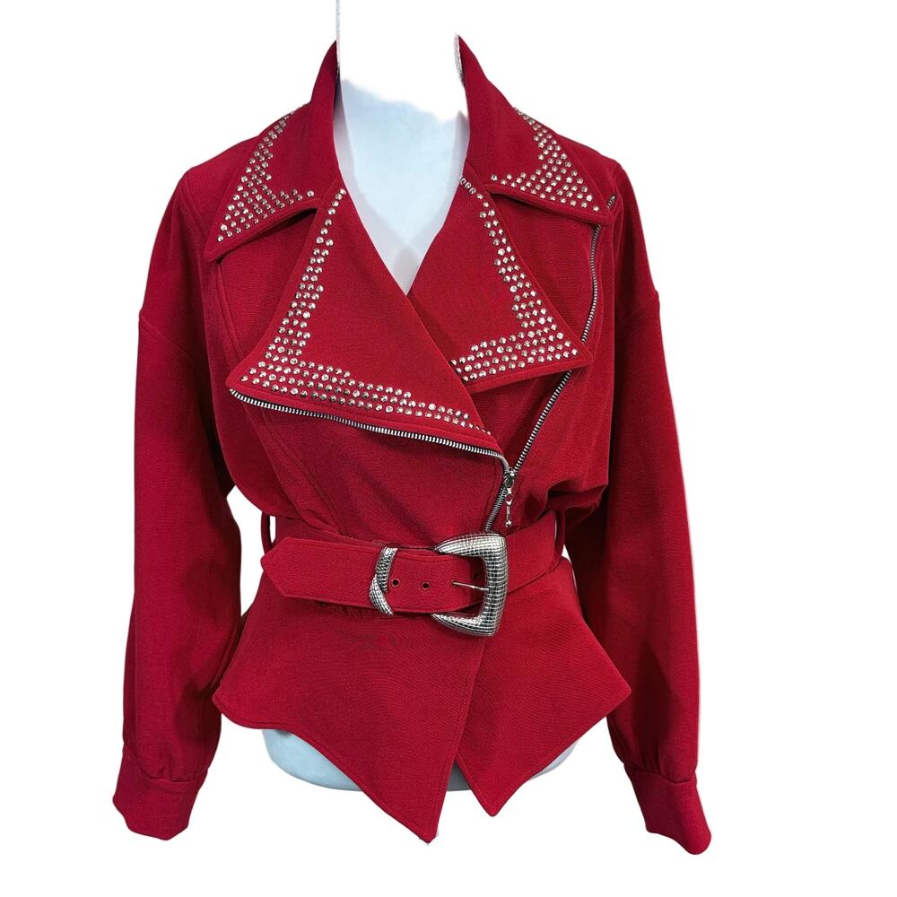 Tadashi Red Embellished Moto Jacket – Size Medium